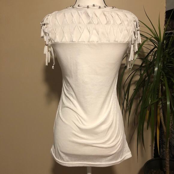 Fringe and Beads Blouse Top Tee Shirt T-Shirt Mür Mür White V-Neck Size S - Picture 6 of 12